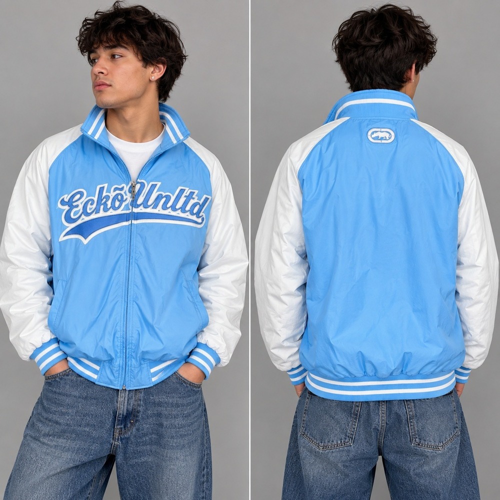 Ecko Unltd Mens XL Light Blue White Varsity Bomber Windbreaker Jacket Rhino Logo